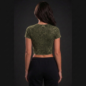 Women's Olive <b>Green</b> <b>Crop</b> <b>Top</b> Short Sleeve Crew Neck Slim Fit Knitted Cotton Casual T-Shirt Spring Summer - Product Image 3