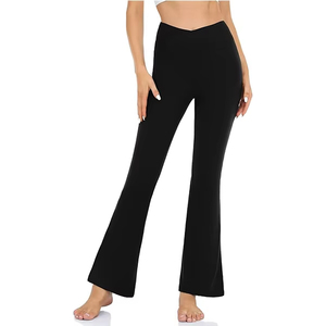 Leggings de yoga taille haute à jambe évasée, longueur intégrale, noir uni, en Spandex et Nylon, sans couture, extensibles dans les quatre sens, taille élastique - Product Image 1
