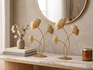 Ensemble de 2 sculptures de feuilles de Ginkgo en métal doré, figurines botaniques décoratives, accents de décoration d'intérieur modernes et luxueux pour le salon - Product Image 5