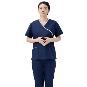 Custom Logo Women's Navy Blue <b>Scrub</b> <b>Set</b> White Piping Cross-Over Design V-Neck Medical Uniform for Nursing and Spa Professionals - Product Image 3