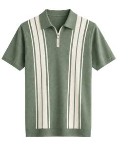 Polo pour homme à demi-zip, vert sauge et rayures verticales, manches courtes, tricoté, décontracté, fabrication sur mesure OEM - Product Image 1