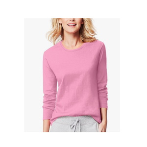 T-shirt basique décontracté pour femme, bleu marine uni, col rond, manches longues, coupe régulière - Product Image 2