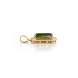 Elegant New Style 13x7mm Baguette Cut Green Tourmaline & Diamond Halo <b>Pendant</b> Customized <b>Solid</b> K14 Yellow <b>Gold</b> Jewelry Supplier - Product Image 5