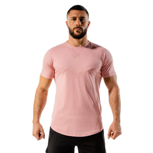 OEM Wholesale <b>95</b>% Cotton <b>5</b>% <b>Elastane</b> Men's Slim Fit Tee Shirt Curved Hem Round Neck Muscle Fitness Gym T-shirts for Men - Product Image 1