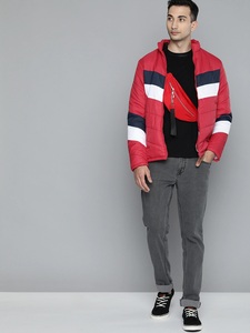 Blouson matelassé pour homme, couleur rouge, col montant, fermeture éclair sur le devant, coupe-vent, vêtement d'hiver décontracté, coupe régulière - Product Image 2