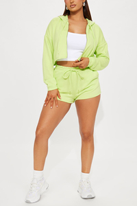 Ensemble de survêtement décontracté d'été pour femme, vert lime, avec short et sweat à capuche court zippé - Product Image 2