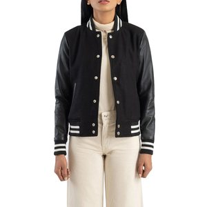 Veste universitaire unisexe noire en PU avec manches en cuir, col rabattu, fermeture à boutons, style preppy, vêtement d'automne - Product Image 4