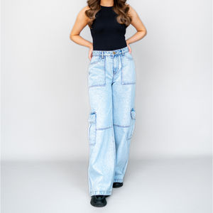 Jean cargo taille haute pour femme, bleu clair, coupe large, en denim, avec plusieurs poches, style ample et décontracté, streetwear - Product Image 4