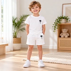 Ensemble de vêtements d'été 2 pièces pour bébés garçons et filles, T-Shirt blanc à manches courtes et short avec imprimé palmier - Product Image 2