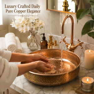 Handcrafted Golden Hammered Copper Vessel Wash <b>Basin</b> <b>Round</b> Luxury Countertop Bathroom Sink Premium Designer <b>Basin</b> for Home Hotel - Product Image 3