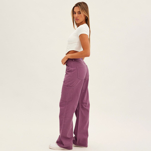 Pantalon cargo violet taille haute pour femme, coupe ample, longueur intégrale, en toile, style décontracté avec poches, fermeture boutonnée, couleur unie, idéal pour le printemps - Product Image 2