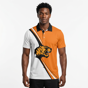 Men's Short Sleeve <b>Polo</b> Shirt With Tiger Print <b>Orange</b> White Color Block Breathable Knitted Polyester Casual Fit - Product Image 4