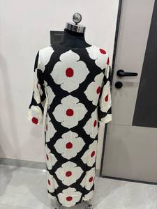 Wholesale Floral Printed Cotton Long Kurta V Neck 3/4 Sleeve Straight Side Slit <b>Tunic</b> Top Casual Ladies Wear Factory Supply - Product Image 4