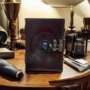 Embossed Leather Journal with Gemstone <b>Lock</b> | Handmade Antique Diary - Product Image 1