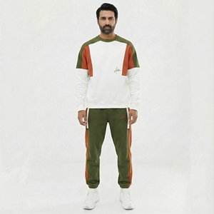 Ensemble de survêtement unisexe respirant à capuche vert olive et blanc pour sweat-shirt à col rond et pantalon de jogging deux pièces décontracté - Product Image 4