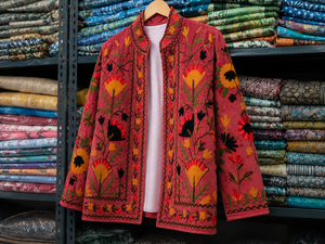 Chaqueta de Mujer Roja de Lujo con Bordado Floral Multicolor Estilo Bohemio Étnico, Abrigo de Diseñador de Boutique, Venta al Por Mayor - Product Image 4