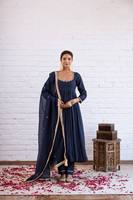 Salwar Kameez traditionnel bleu marine en coton avec bordure dorée, coupe ample, longueur cheville, vêtements décontractés pour femmes, style Inde Pakistan