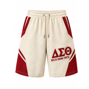 Delta Sigma Theta Cream <b>Red</b> Bermuda <b>Shorts</b> With Front Logo Drawstring Waist Casual Style - Product Image 2