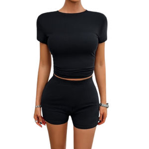 Women's Casual 2-Piece Clothing Set 2025 Summer Cotton Shorts and Top with Custom Logo Above Knee Solid Pattern Wholesale - Product Image 5