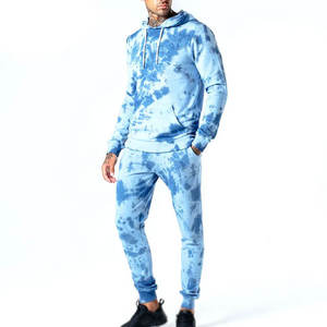 <b>Mens</b> Tie-Dye Blue Custom Logo <b>Pullover</b> Hoodie and Matching Jogger Sweatpants Tracksuit OEM ODM Wholesale Apparel - Product Image 1