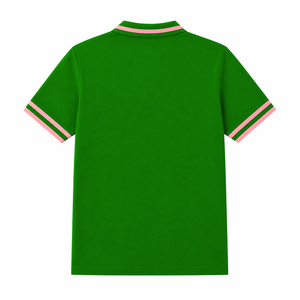 Alpha | Kapa | Alpha Sorority Polo Shirt Women's Green Pink Stripe V-Neck Pique Short Sleeve Knit Embroidered Crest Collared Tee - Product Image 4