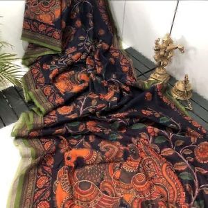 Sari indio tradicional de lino con estampado digital y estampado Kalamkari, ropa étnica elegante para fiestas, bodas y ocasiones festivas para mujeres. - Product Image 3
