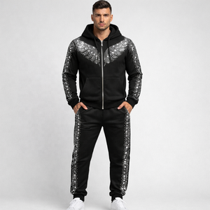 Conjunto de 2 Piezas de Sudadera con Capucha y Pantalones Deportivos Vintage Ecológicos de Otoño con Logotipo Personalizado al por Mayor, Ropa Deportiva con Pedrería para Hombre - Product Image 1