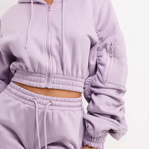 Novedad: Conjunto de Sudadera con Capucha y Cremallera de Manga Larga con Hombros Caídos y Pantalones Cortos de Algodón 100% French Terry para Mujer - Product Image 5