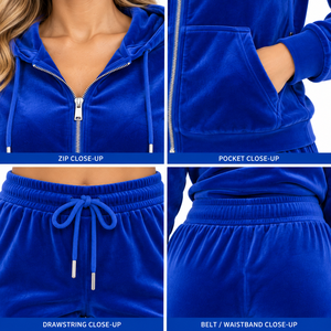 Conjunto Deportivo de Terciopelo Azul para Mujer, con Capucha, Corte Holgado, Informal, de 2 Piezas, Manga Larga, Pantalones Deportivos de Terciopelo - Product Image 6