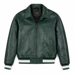 เสื้อแจ็คเก็ตหนังแกะสีเขียวฮันเตอร์แบบสั่งทำพิเศษจาก FURAT LEATHERS สำหรับผู้ชาย ระบายอากาศได้ดี คอตั้ง หนังแท้ - Product Image 1