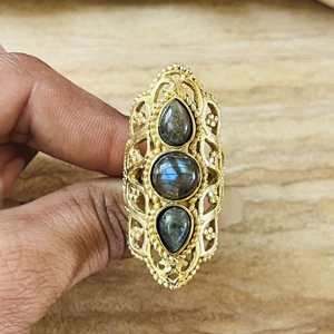 Trendy Latest Boho Brass <b>Rings</b> For Women 18K Gold Plated <b>Chunky</b> Statement Vintage Filigree Labradorite <b>Ring</b> Wholesale <b>Ring</b> - Product Image 2