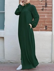 Women Long Sleeve Floor Length <b>Abaya</b> Solid Color Stand Collar Loose Fit Modest Muslim Dress Daily Wear Plus Size Green - Product Image 2