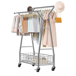 Porte-vêtements sur roulettes, porte-vêtements à 2 barres de suspension, panier de rangement, capacité de charge de 330 livres, séchoirs à linge extensibles en carbone - Product Image 1