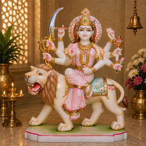 Marble Durga Maa Statue on Lion | Pink Attire Durga Mata Murti with Bow, Sword and Ornate Crown by MALIYAS Jaipur - Product Image 1