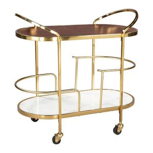 Luxury Mid Century Gold Serving Cart Oval Walnut Wood & White Marble Kitchen Beverage Utility Trolley on <b>Wheels</b> - Product Image 1