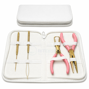 Kit d'outils pour extensions de cheveux nouées à la main, pince à micro-anneaux, acier inoxydable, étanche, avec étui en cuir pour usage professionnel - Product Image 1