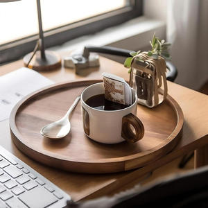 Round Acacia Wood Serving Tray <b>Rustic</b> <b>Wooden</b> Tray for <b>Coffee</b> <b>Table</b> Farmhouse Home Decor Platter for Kitchen Snacks and Beverages - Product Image 4