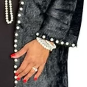 <b>Women</b> <b>Black</b> Longline Open Front <b>Cardigan</b> Pearl Embellished Long Sleeve Elegant Sweater Coat Casual Ladies Fashion Winter - Product Image 4