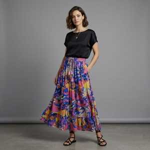 Women's Boho Woven Silk Digital Printed Tiered A-Line Maxi <b>Skirt</b> with <b>Elastic</b> Waist Casual Summer Cotton Blend - Product Image 1
