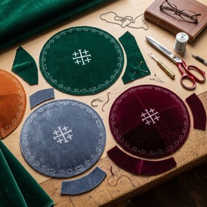 Kipá/Yarmulke de Terciopelo de 4 Paneles Personalizada al por Mayor con Cruz de Jerusalén Bordada y Borde con Estampado de Pergaminho, Gorra Yarmulke Judía - Product Image 3