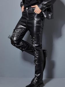 Pantalones de Cuero Genuino Negro, Ecológicos, Formales de Invierno, de Cintura Alta, Ajustados, Estilo Gótico, Largos, con Botones Decorativos y Cierre de Botones - Product Image 2