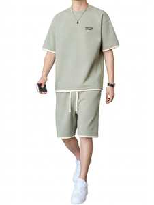Conjunto de Camiseta y Pantalones Cortos para Hombre ONETEN, Color Verde Salvia, Cintura Media con Cordón, Ribete en Contraste, Cuello Redondo, Manga Corta, Estampado de Letras, Estilo Casual - Product Image 4