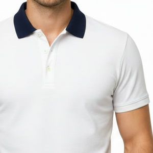 Polo classique pour homme, blanc, col contrastant marine, coupe ajustée, manches courtes, décontracté - Product Image 3