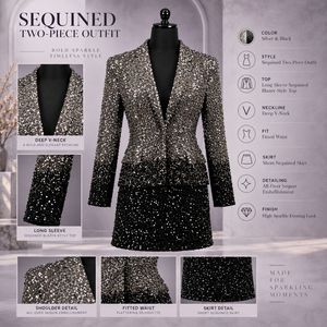 Sequin Blazer Two Piece <b>Set</b> | Long Sleeve Fitted <b>Jacket</b> with Short <b>Skirt</b> Formal Party Co Ord Outfit for Wedding Guest Occasions - Product Image 5