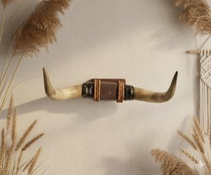 Cuerno de Buey Rústico Montado en Pared con Correa de Cuero y Borde Metálico, Escultura de Pared de Animal, Decoración del Hogar - Product Image 4