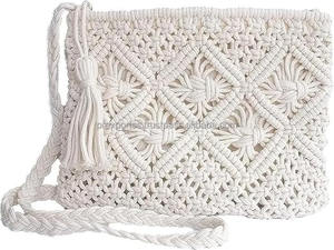 Fringe Accent Macrame Clutch Handwoven Silk Beads Magnetic Closure Durable Foldable Custom Size <b>for</b> Beach Travel Resort - Product Image 2