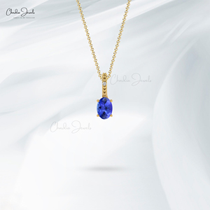 Colgante de Tanzanita Natural de Corte Ovalado de 6x4mm con Engaste Oculto y Collar de Oro Sólido de 14k con Pavé de Diamantes, de Proveedor Mayorista de Joyería - Product Image 6