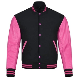 Black and Pink PU Breathable Hooded Varsity <b>Jacket</b> Unisex Casual Single Button Closure Regular Fit Autumn Wear - Product Image 1