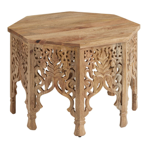 Table basse hexagonale en bois de manguier massif sculpté à la main, style marocain, motif floral complexe, table d'appoint, meubles de salon - Product Image 1