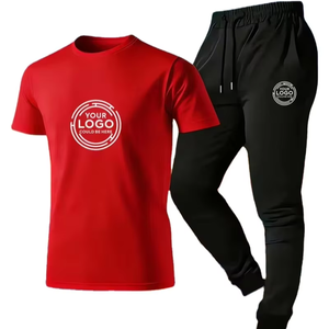Custom Athletic Set T-Shirt Long Pants Personalized Casual Men's Contrast Color Topstitch Summer Knitted ODM Eco-Friendly 100% - Product Image 1